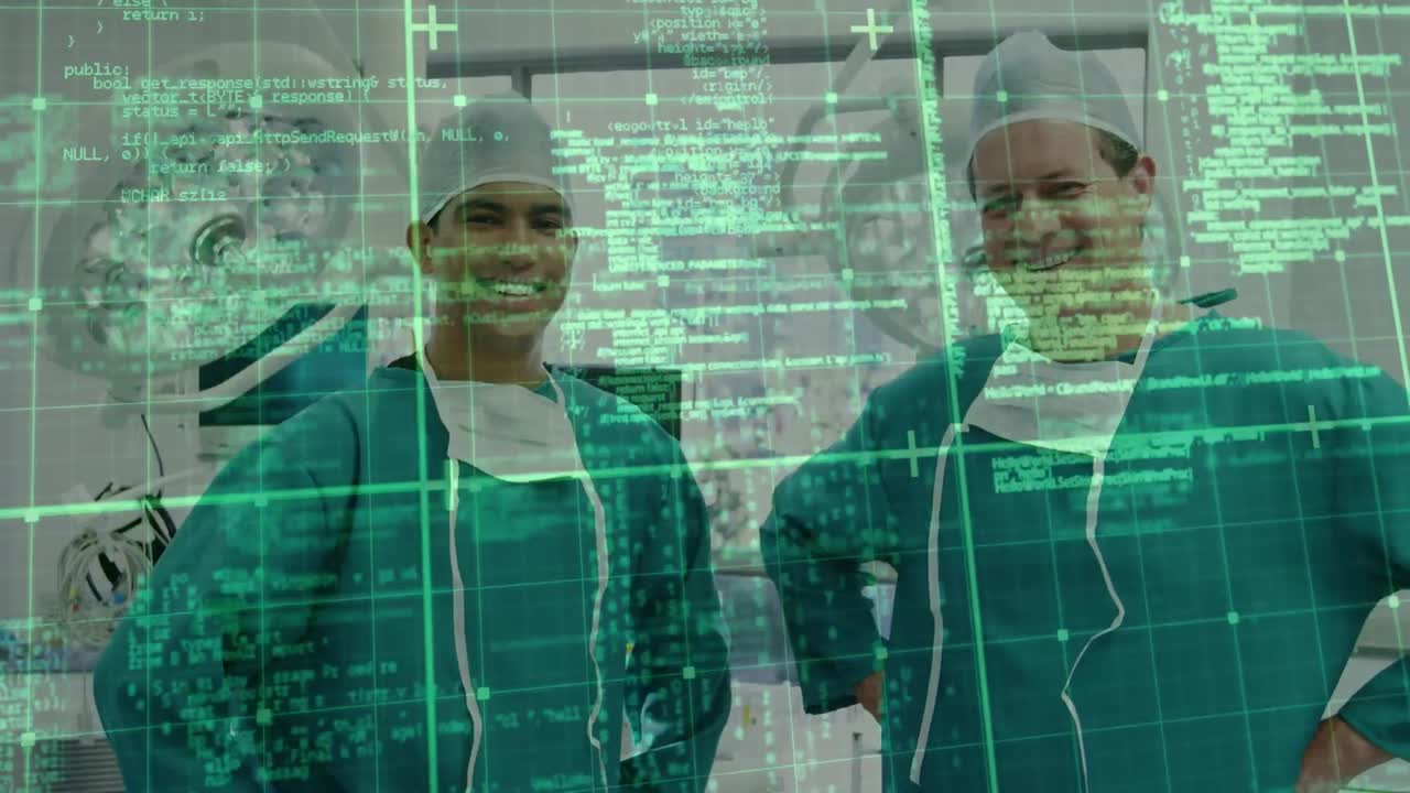 Animazione di elaborazione dati su medici di diverse etnie sorridenti.