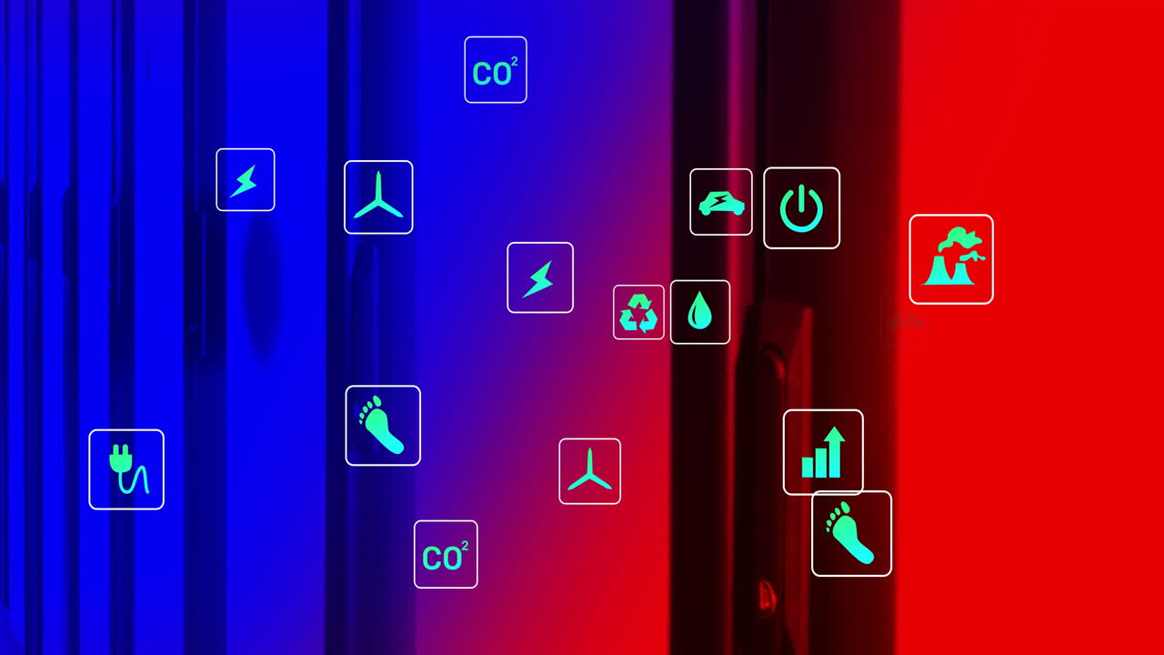 animación de iconos ecológicos y procesamiento de datos digitales a través de servidores informáticos
