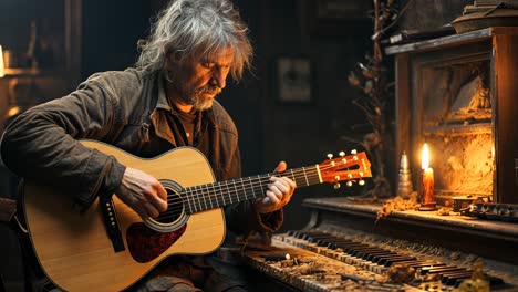 man playing guitar in a dimly lit room with vintage instruments