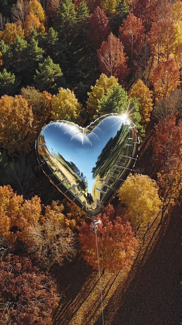 Aerial view of a heart-shaped balloon reflecting autumn trees, creating a dreamy, romantic video
