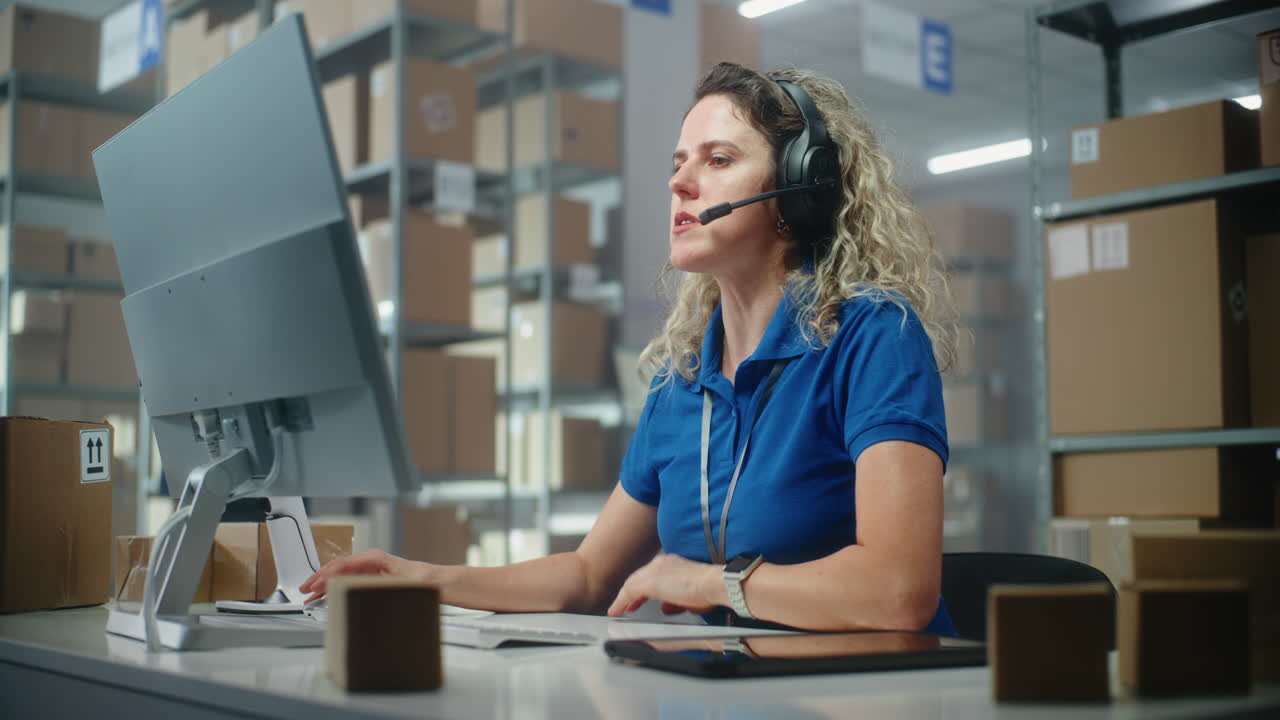 trabajador de almacén que utiliza computadora y auriculares
