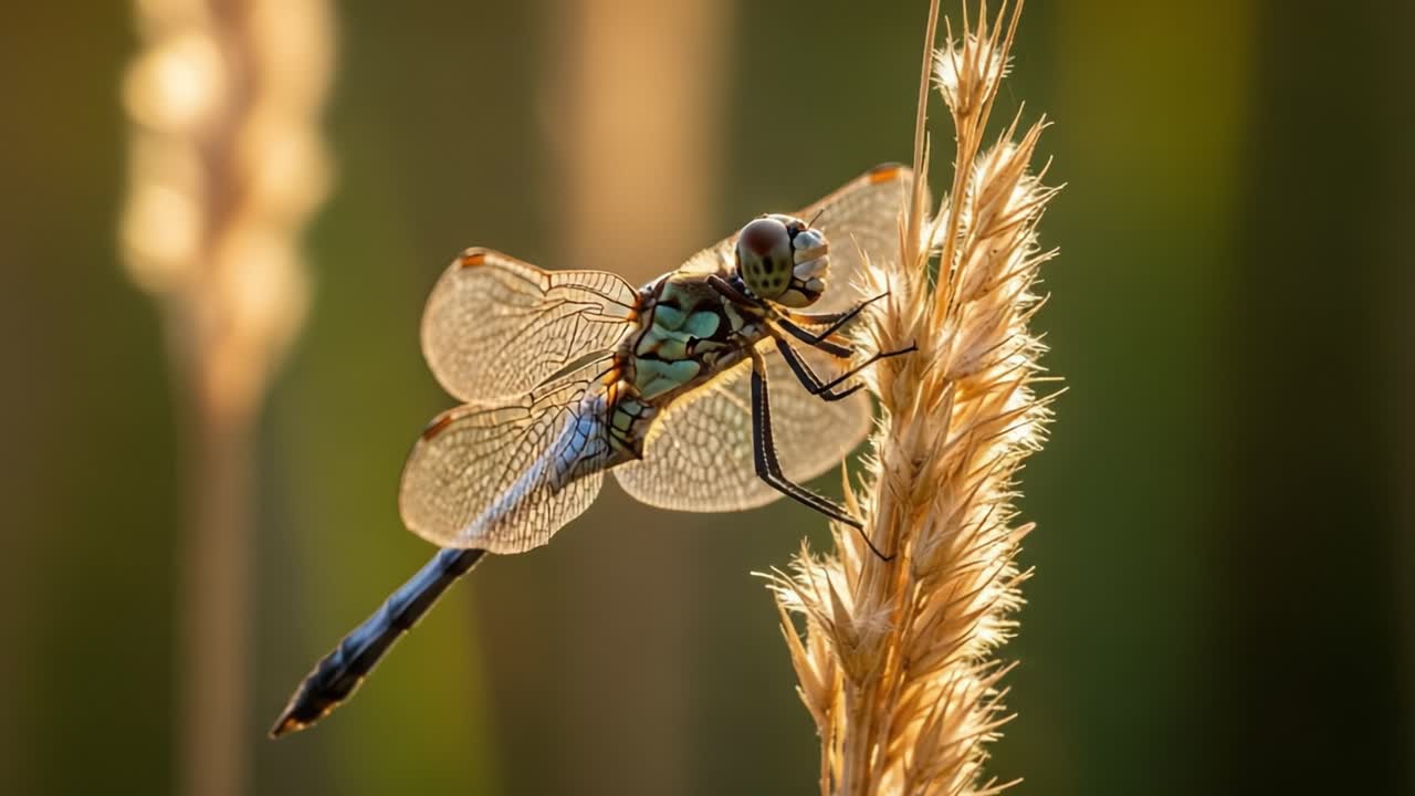 A Beautiful Dragonfly Perched Gracefully on a Golden Grass Stem, Capturing the Essence of Nature's Delicate Balance and Intricate Beauty in Soft Light