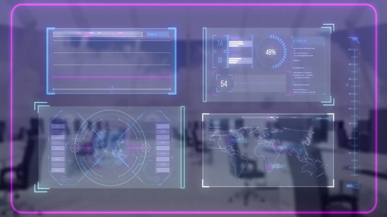 análisis de datos y animación de estadísticas globales en el fondo de la oficina