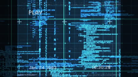 Digital data and coding animation with date and time overlay on screen