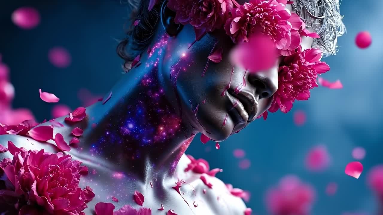 Saçında pembe çiçekler olan ve vücuduna boya yapılmış bir kadın