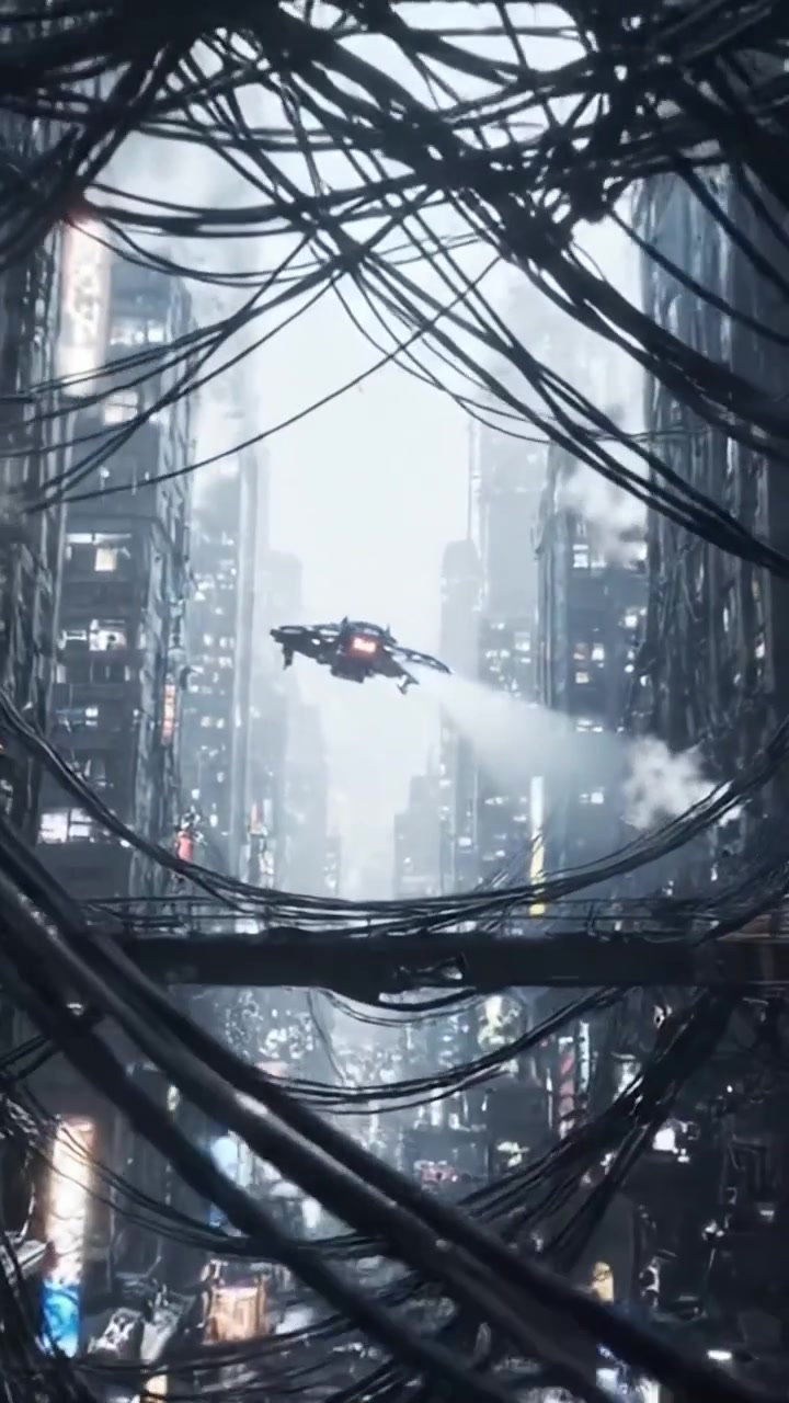 A Dystopian Cityscape with Intricate Networks of Wires and Suspended Drones, Highlighting Futuristic Urban Life and Technology in a Dark Atmosphere