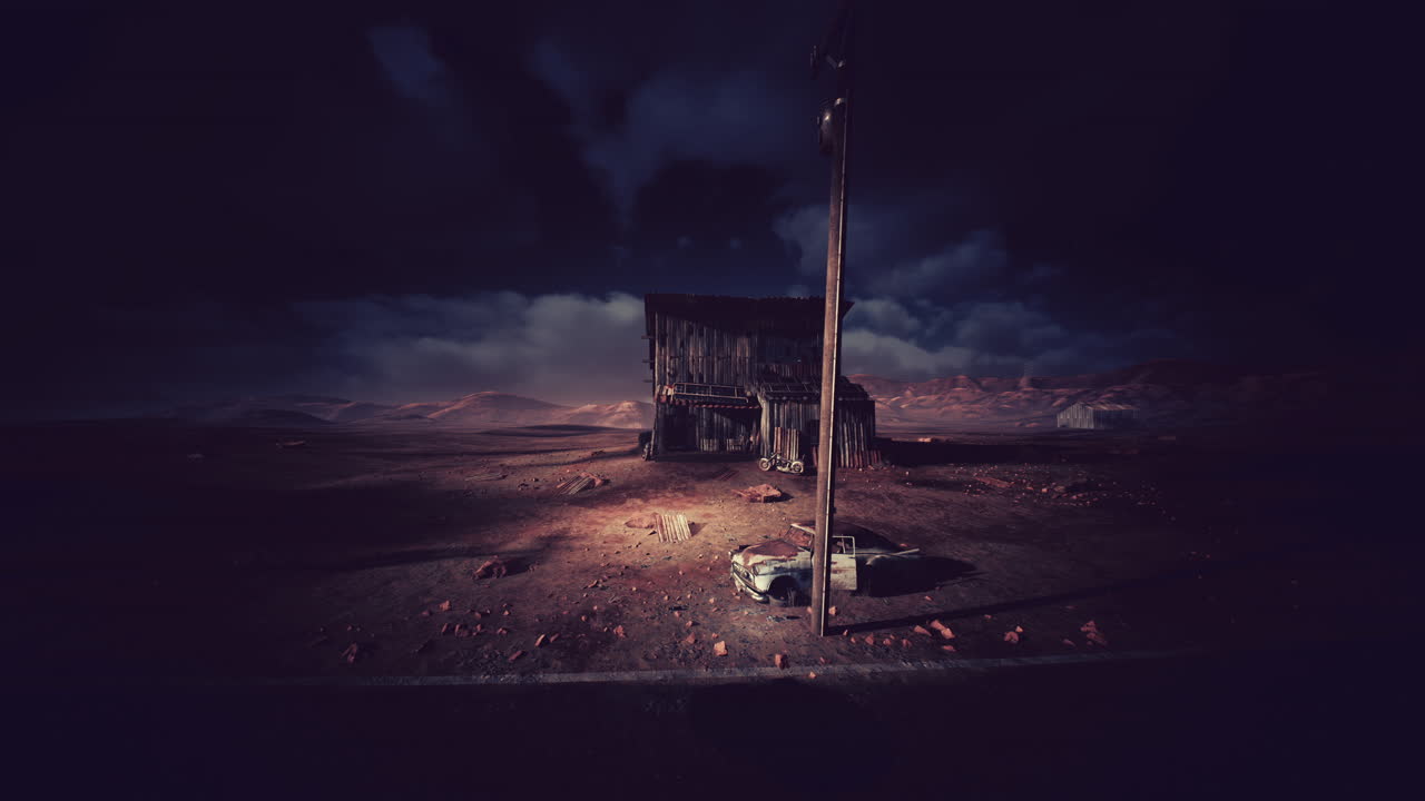Struttura solitaria nel deserto durante una tempesta, con illuminazione tenue e nuvole minacciose