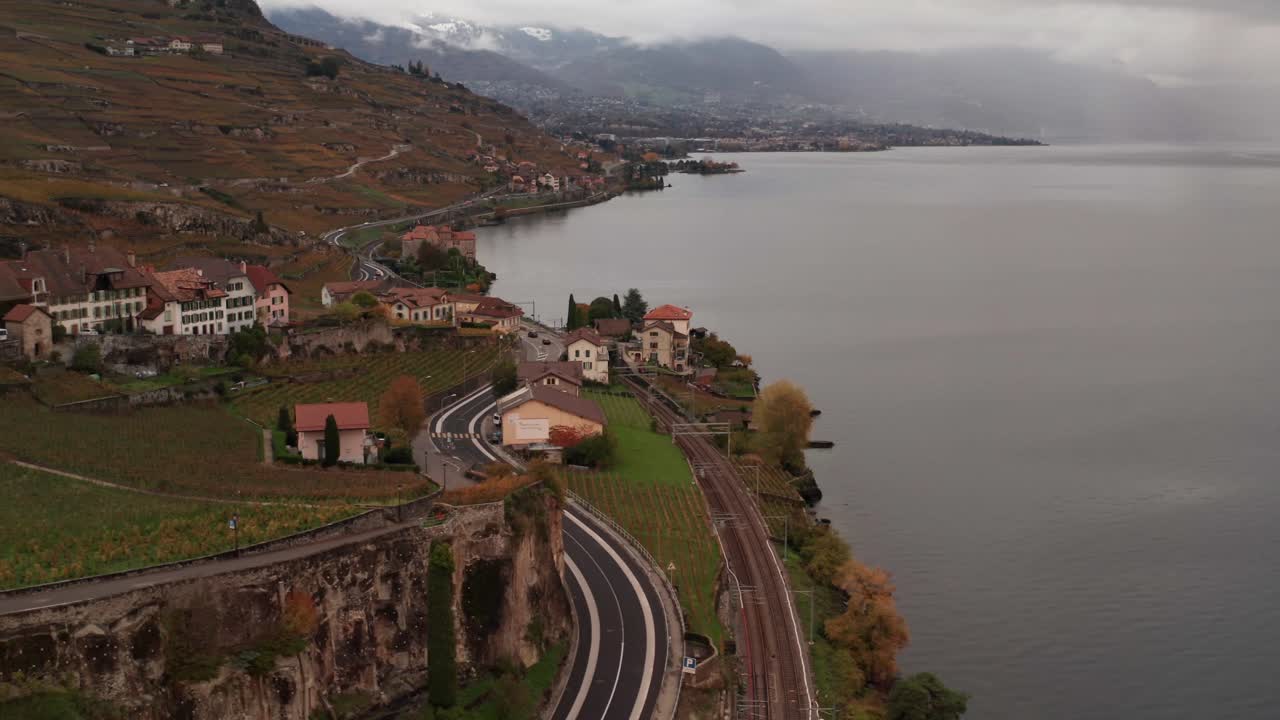 Aerial of small Swiss town near lake