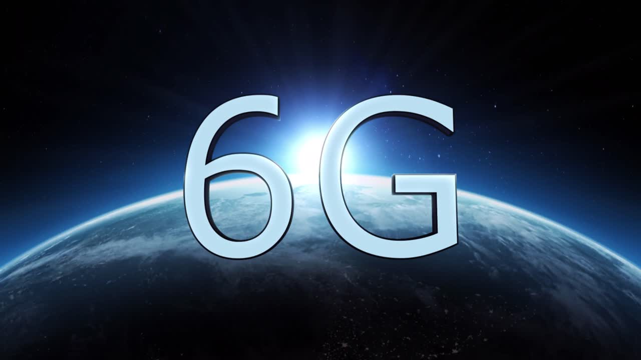 Animation of 6g text in blue letters over spinning globe and sun seen from space
