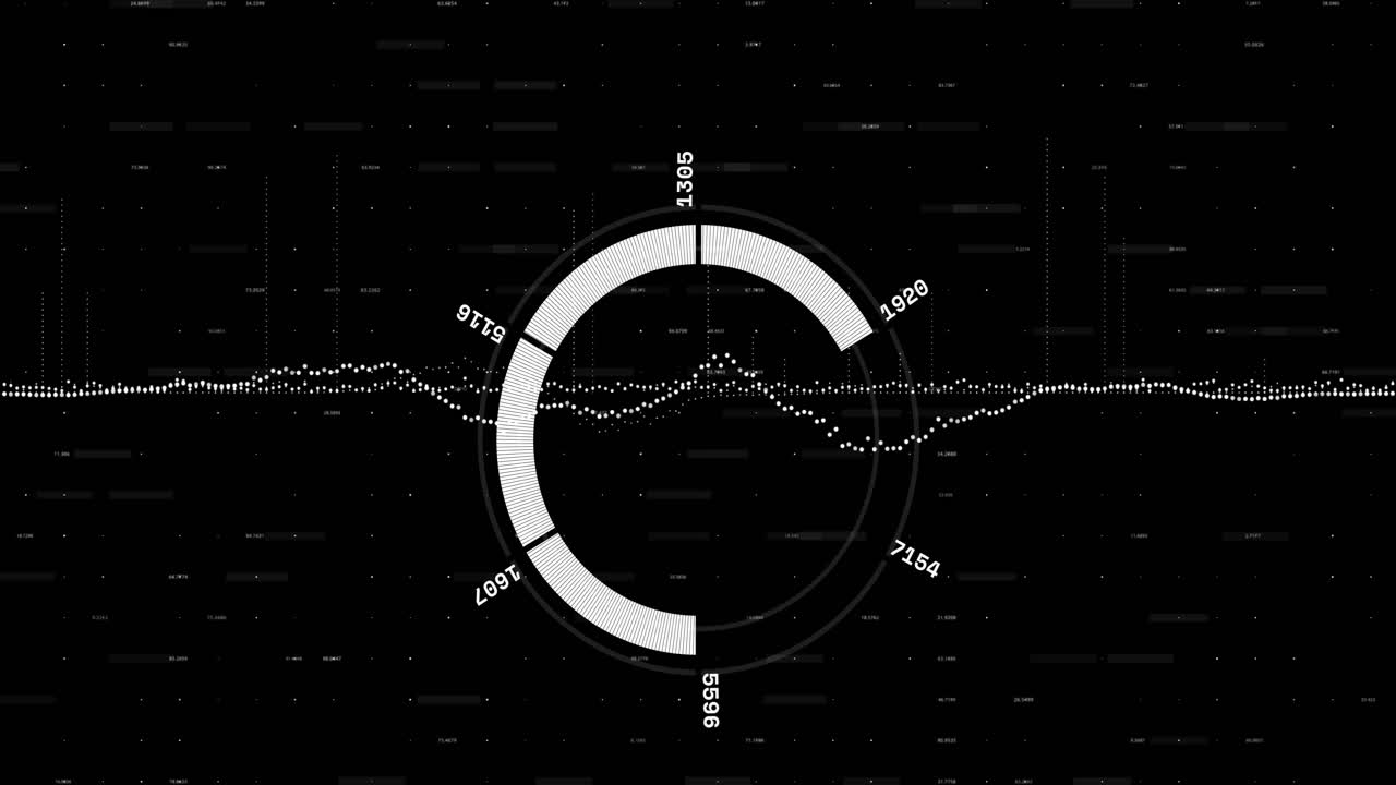 Animation of circular data visualization with numerical values over digital waveform