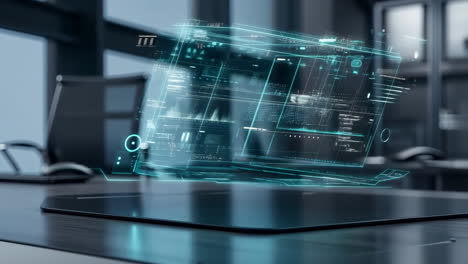 futuristic holographic data display in a modern office meeting room