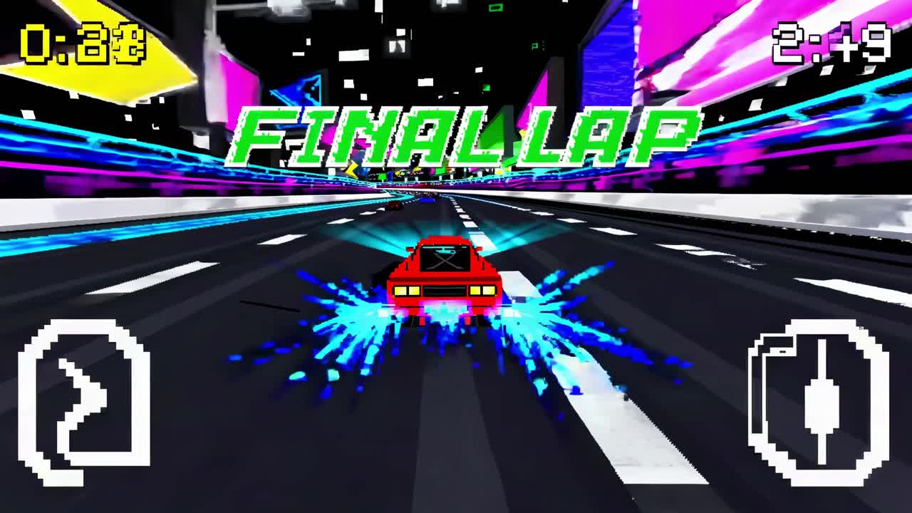 픽셀화된 빨간색 경주차가 마지막 라프에서 속도를 내며, 밤의 디지털 풍경 아래 네온으로 충전된 미래의 도시 풍경을 가로질러 전기 파란색 트레일을 남니다.