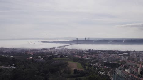 panoramic view of famous bridge ponte 25 de abril and the statue of cristo rei