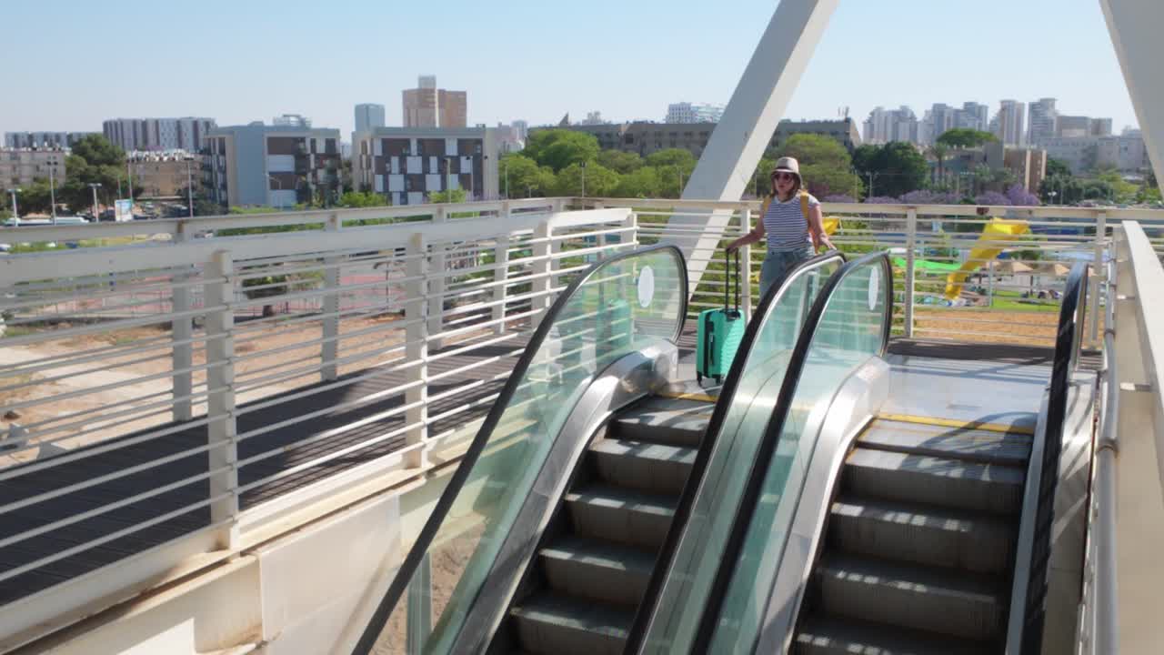 Solo Woman Using Airport Stairs