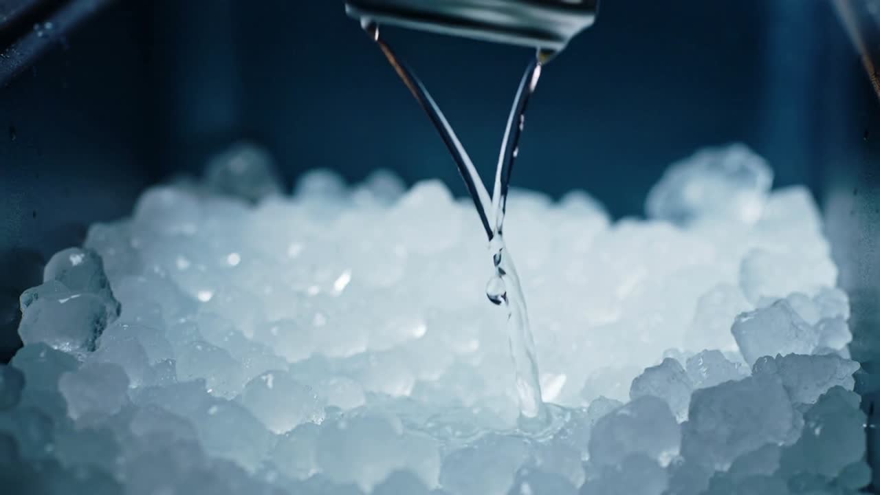 Main droite agrippant une canette en aluminium froide à l'intérieur d'une glacière, cherchant une boisson dans la glace pilée.