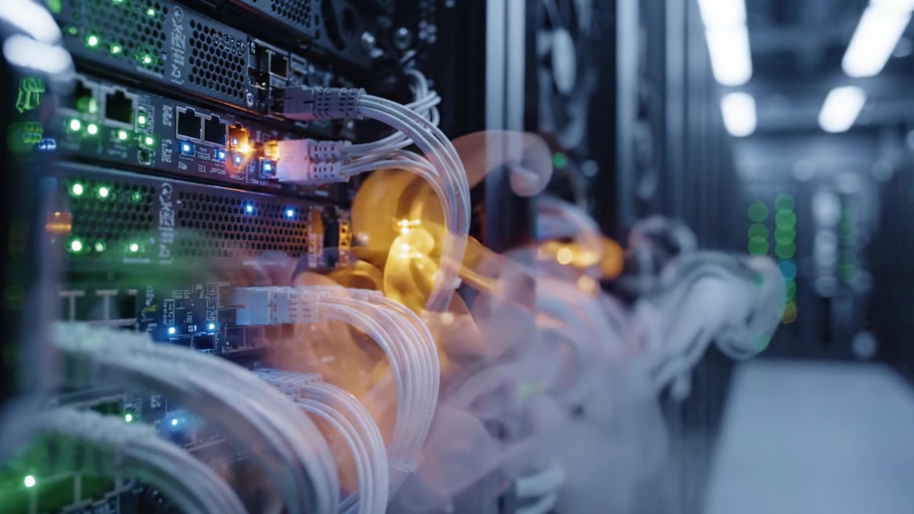Advanced Data Center Infrastructure Showcasing Server Racks with Illuminated Ports and Connected Cables, Highlighting the Complexity of Modern Network Design