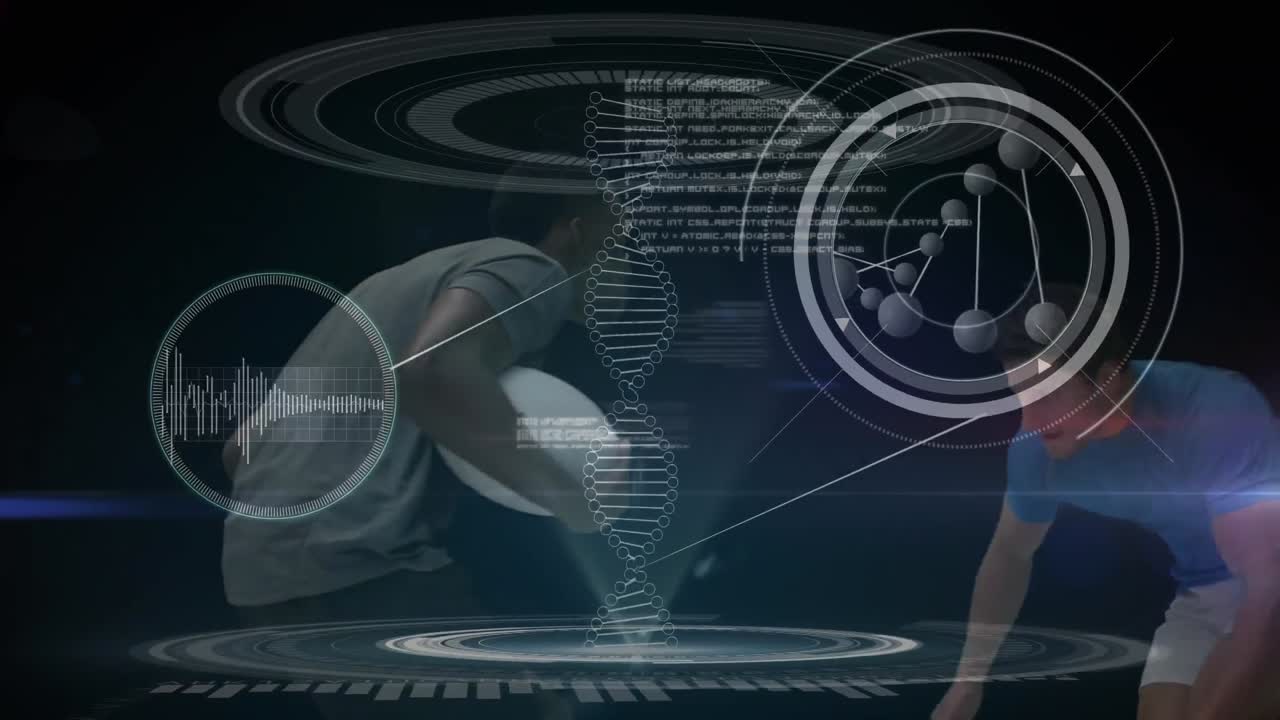 럭비를 하는 남자 럭비 선수들과 함께 움직이는 3d dna