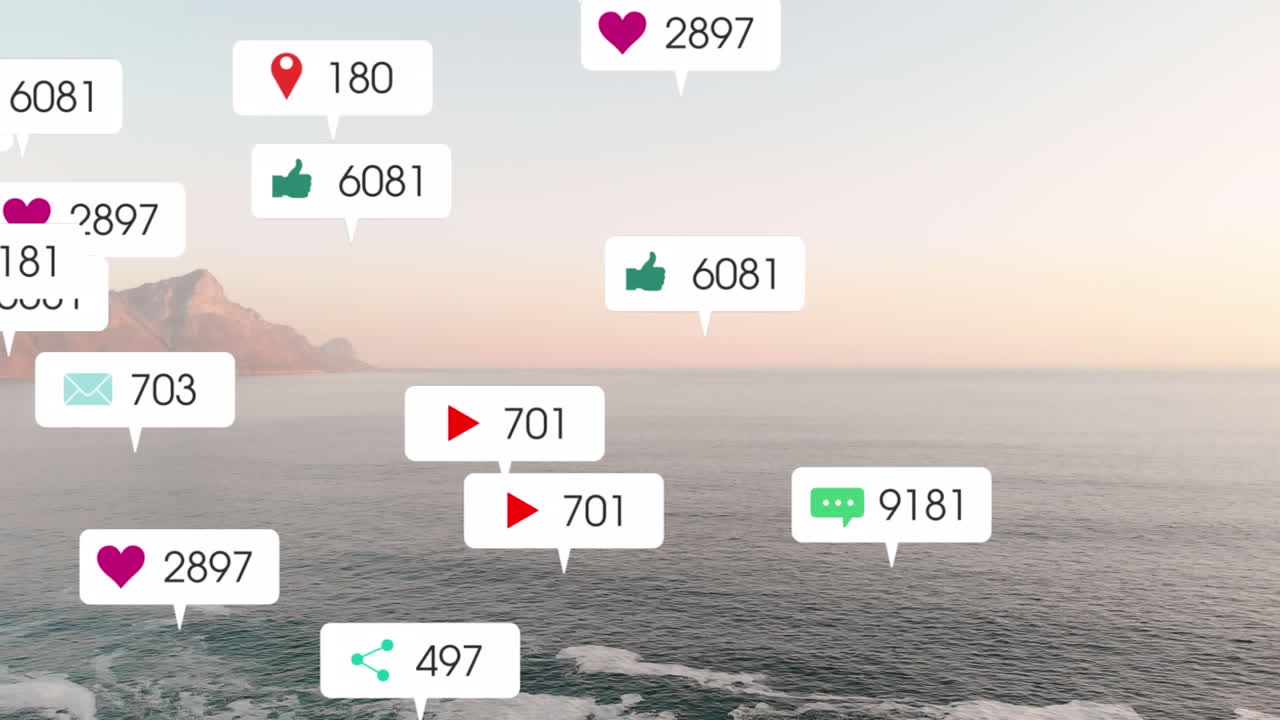 해가 지고 바다 풍경 위의 소셜 미디어 아이콘의 애니메이션