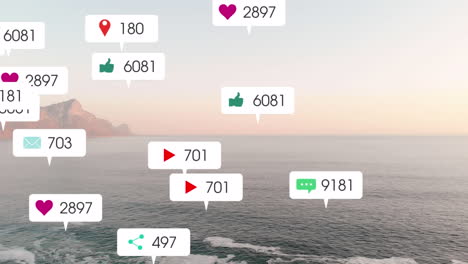 animación de iconos de las redes sociales sobre el atardecer y el paisaje marino