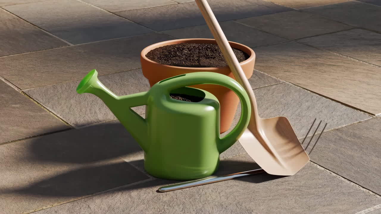 Gardening Tools on a Paved Surface