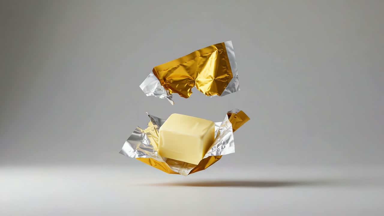 A Delightful Silicone Sculpture of Butter Wrapped in Gleaming Foil, Capturing the Perfect Moment of Culinary Preparation with Stylish Aesthetics and Visual Appeal