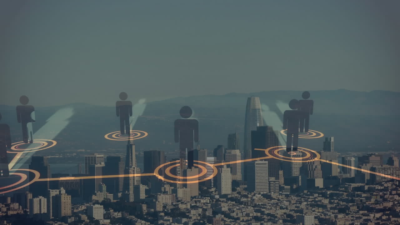 도시 풍경 위의 아이콘으로 연결된 네트워크의 애니메이션