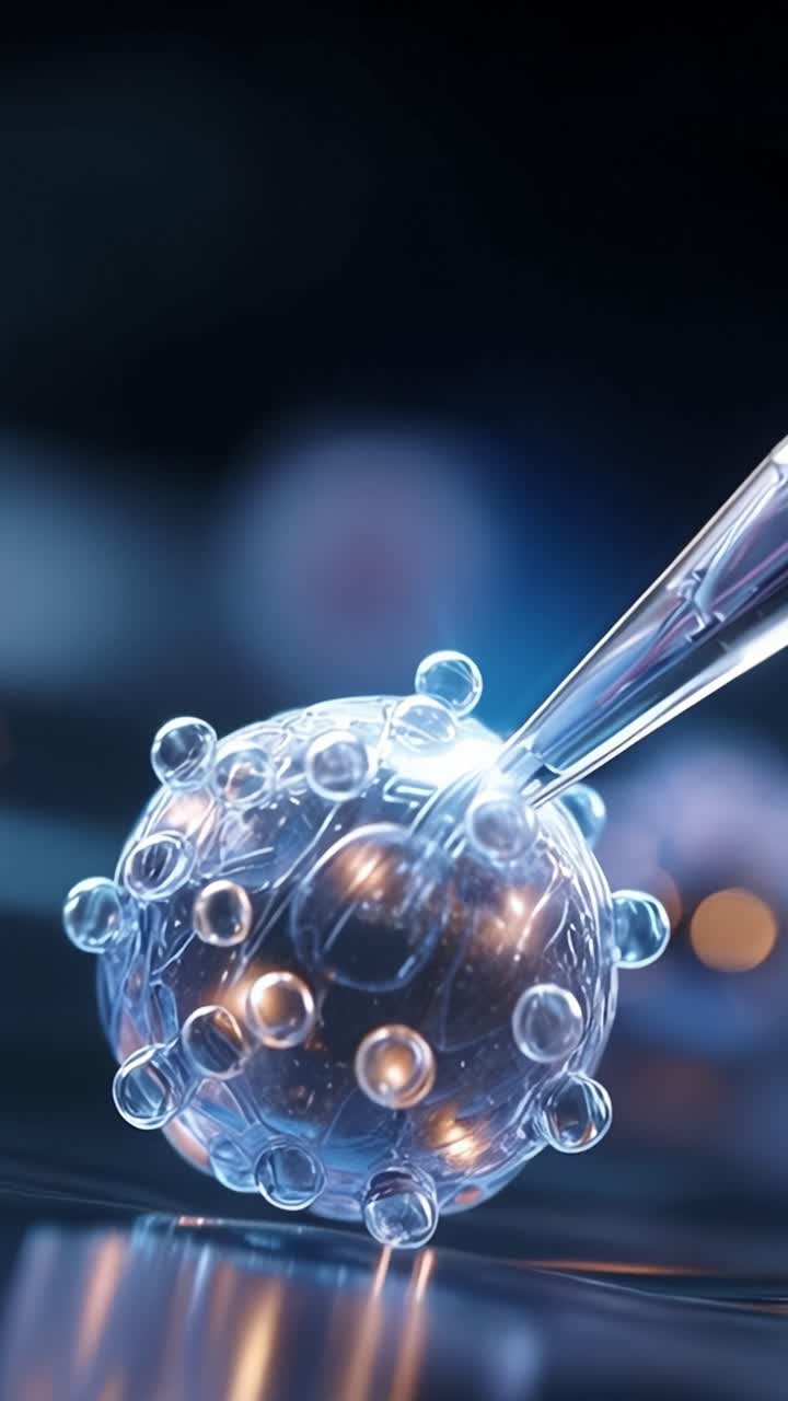 Close-up View of a Transparent Cell Being Manipulated with a Micropipette, Showcasing Intricate Details of the Cell Structure and Surrounding Environment