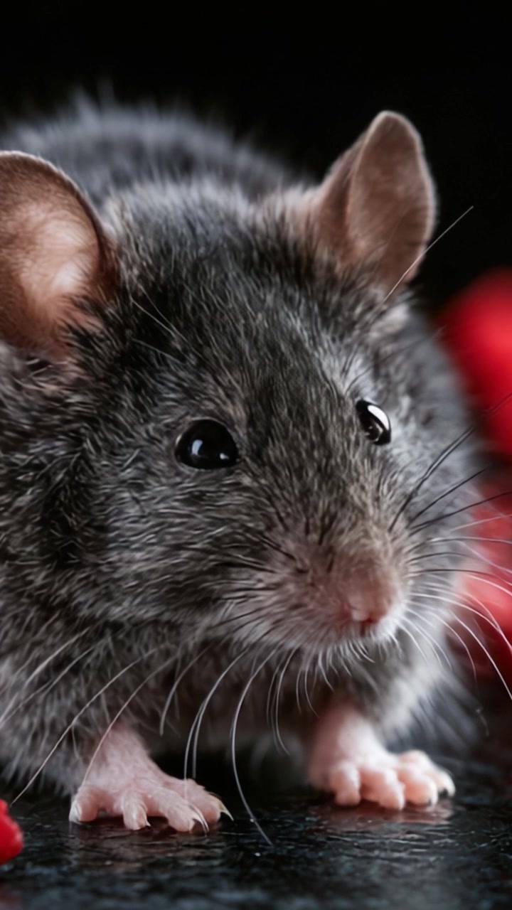 Primo piano di un topo grigio su uno sfondo scuro circondato da elementi rossi vibranti, catturando le complessità della sua pelliccia e delle sue caratteristiche.