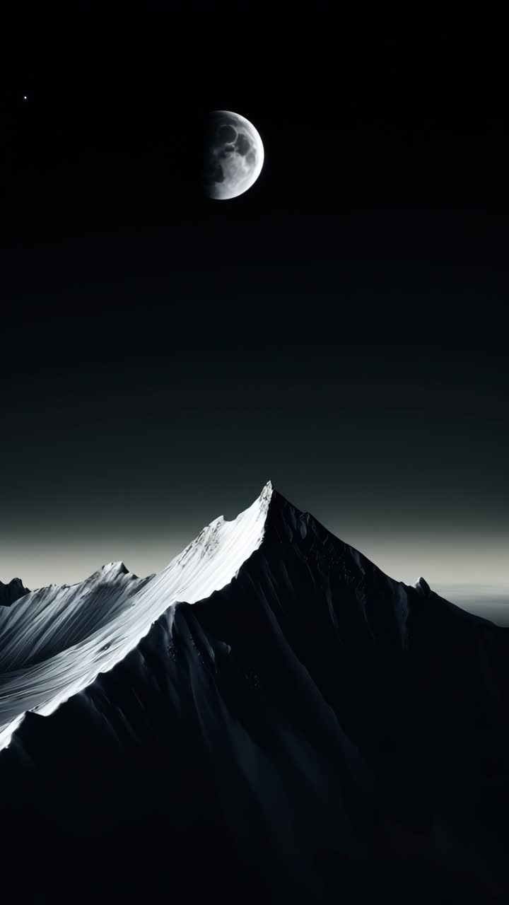 A mesmerizing video concept of a moonlit mountain peak captured from a low angle