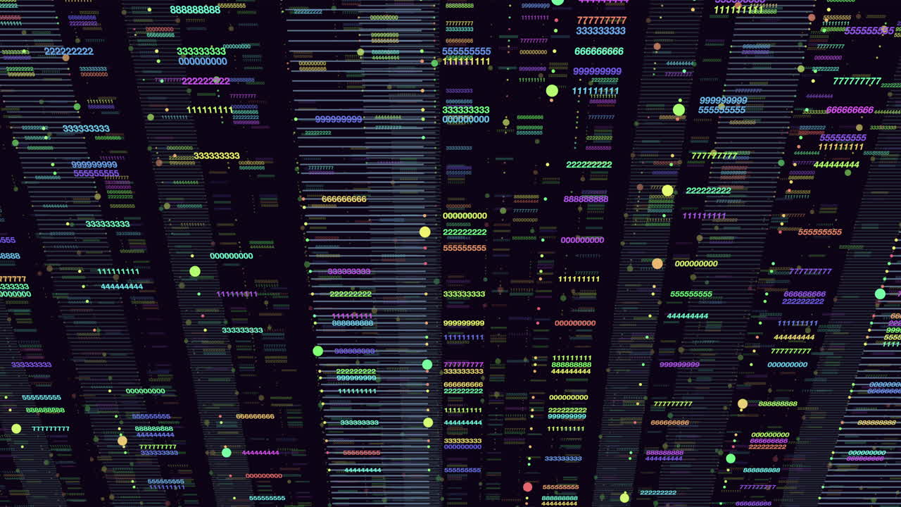 Futuristic footage of cascading numeric data columns and glowing dots on a dark background, representing big data, analytics, cybersecurity, coding, and digital networks