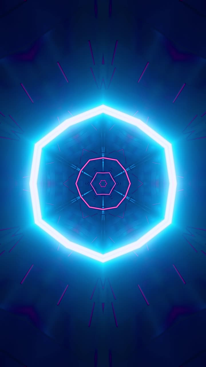 Red and Blue Neon Tunnel Kaleidoscope Pattern. Looped Animation Vertical