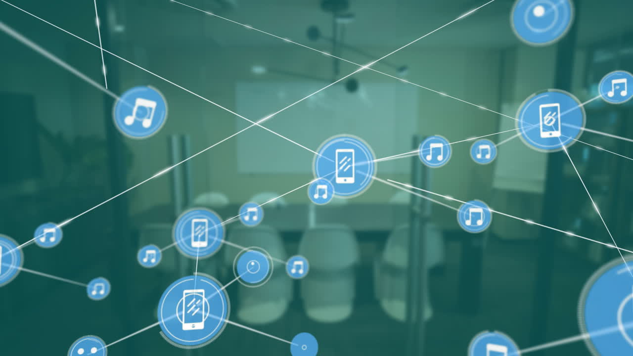 Network of connected devices and music icons animation over office conference room