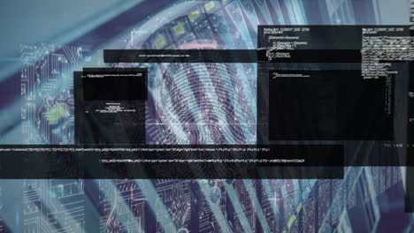 Animation of coding language zooming in with biometric scanner over computer server