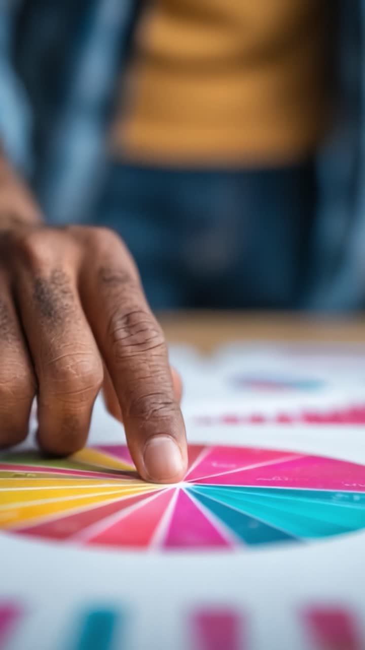 Un primo piano di una persona che indica con il dito un grafico a torta colorato, illustrando un momento di coinvolgimento in processi di analisi o decisionali.