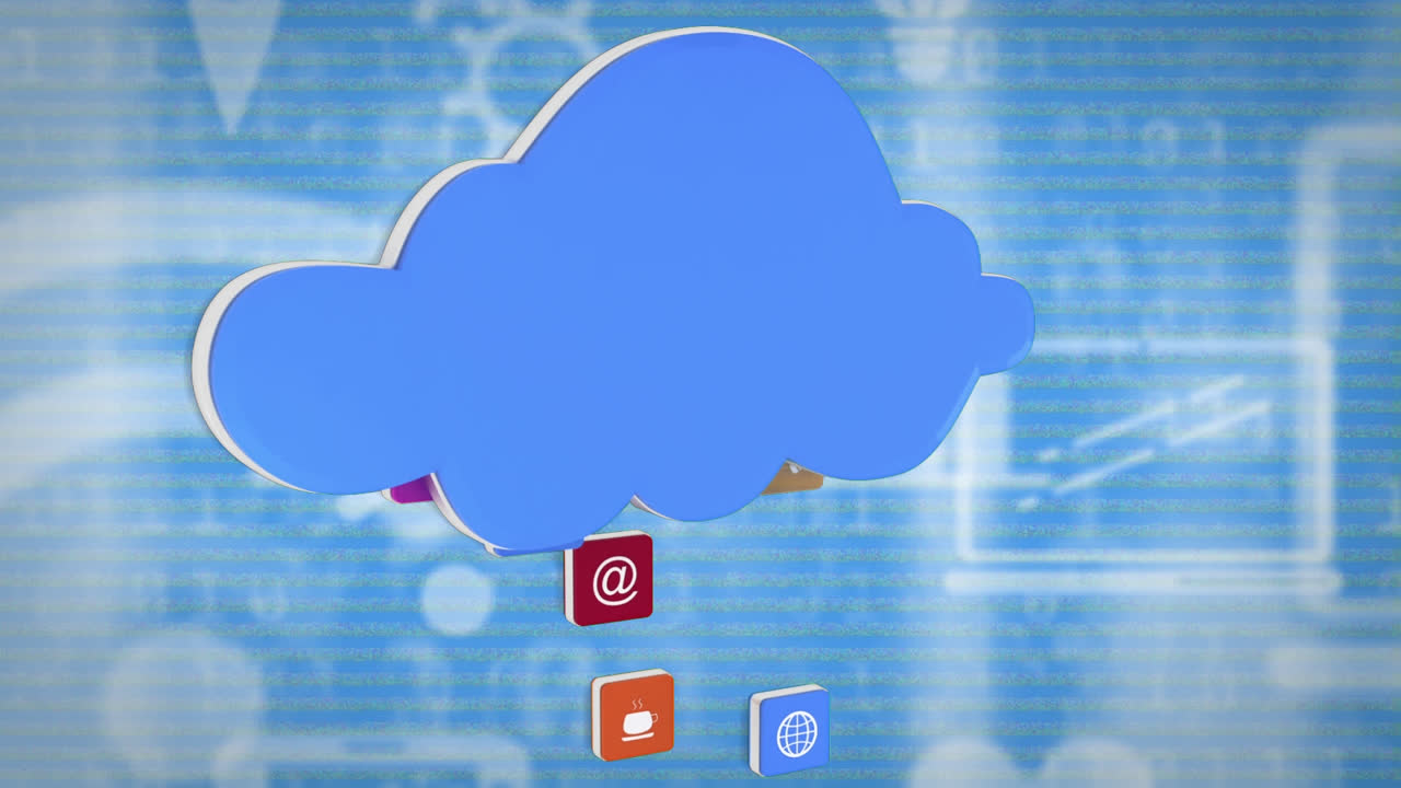 Animation of online icons and digital blue cloud on blue background