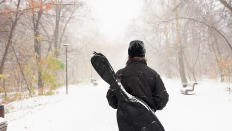 back view of woman carrying guitar in case, walking in a snowy park, with snowflakes clinging to her jacket and hair, trees blurred in the background