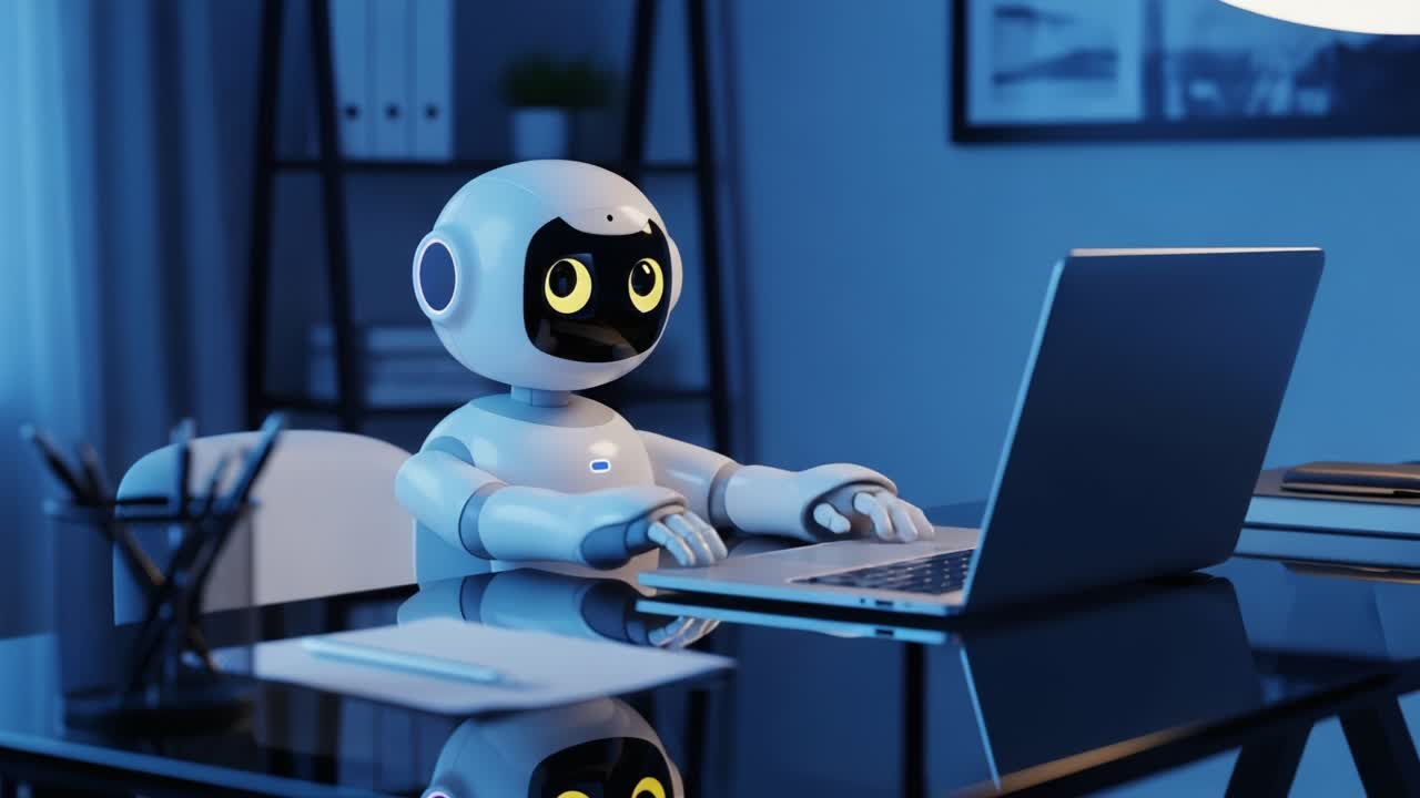 A Friendly Robotic Assistant Engaged with Laptop in a Cozy Blue-lit Room, Showcasing the Integration of Technology and Everyday Life