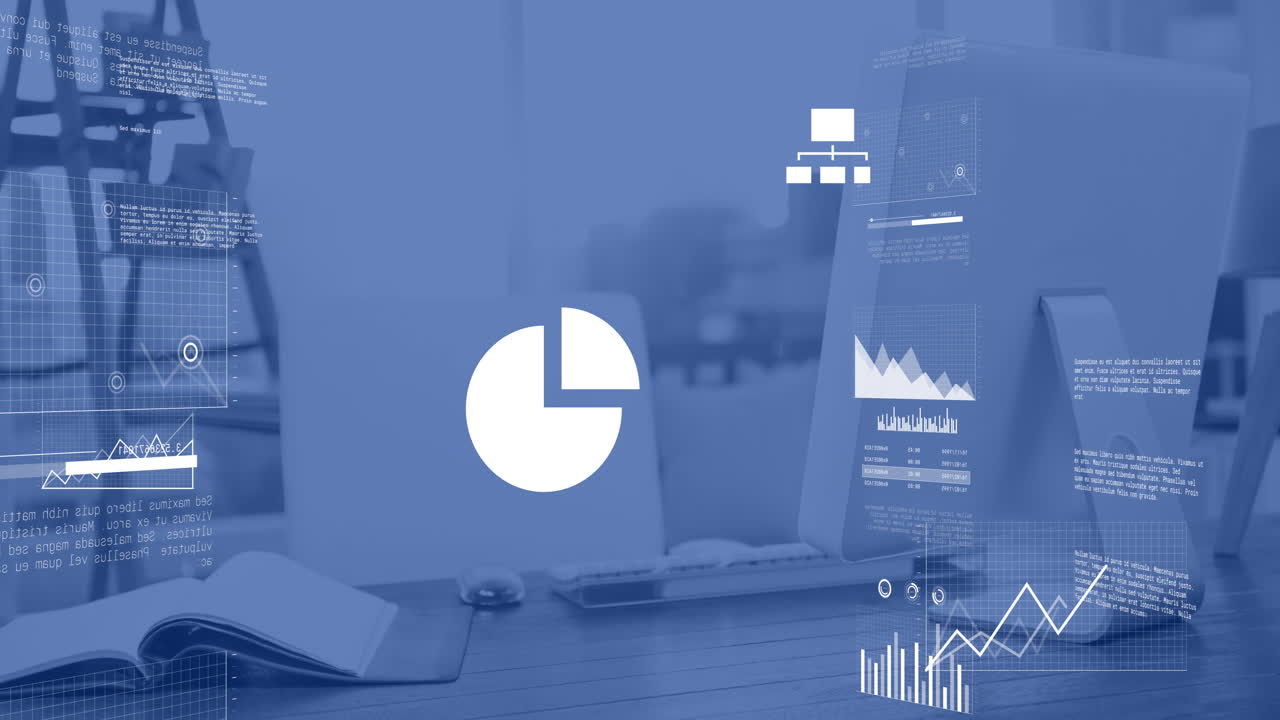 Animation of financial data processing and icons over desk in office