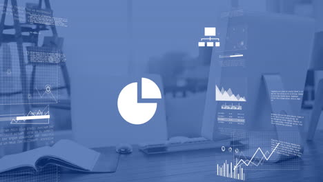 animation of financial data processing and icons over desk in office