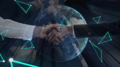 neon triangles and handshake imagery depict global business and finance concept.