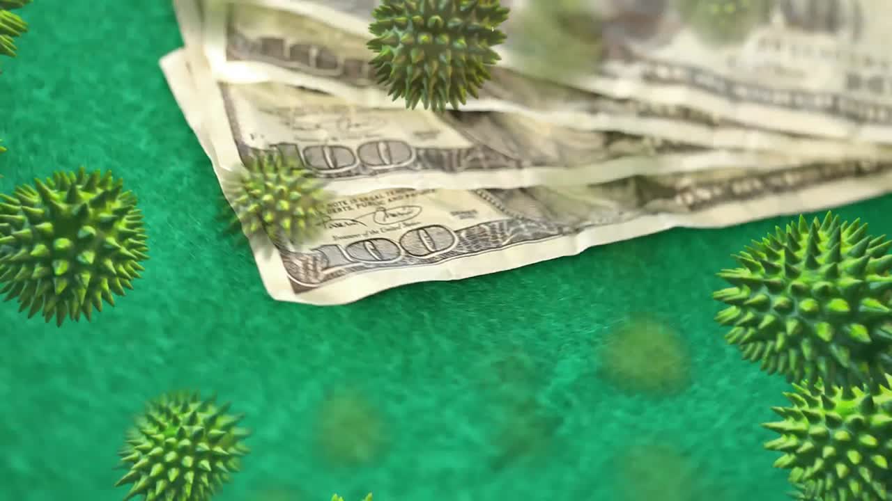 거시적인 코로나19 세포와 떠다니는 미국 달러 지폐의 애니메이션.