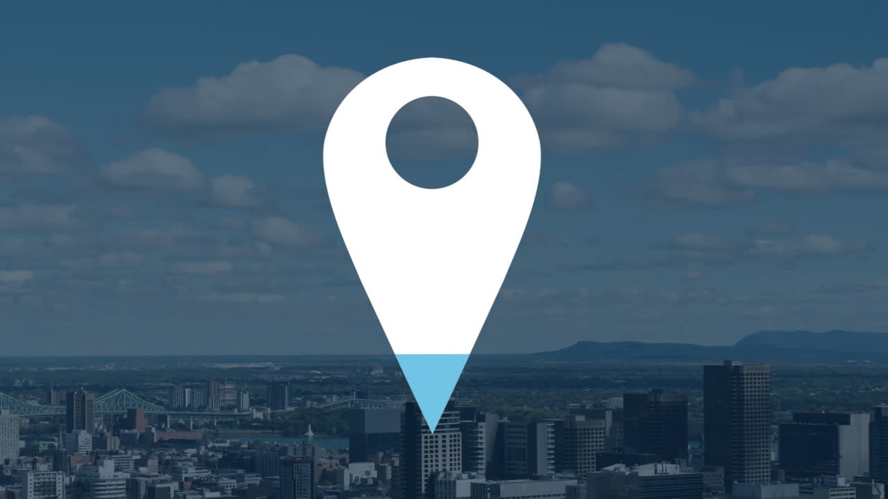 animación del icono de la ubicación y la ciudad en el fondo