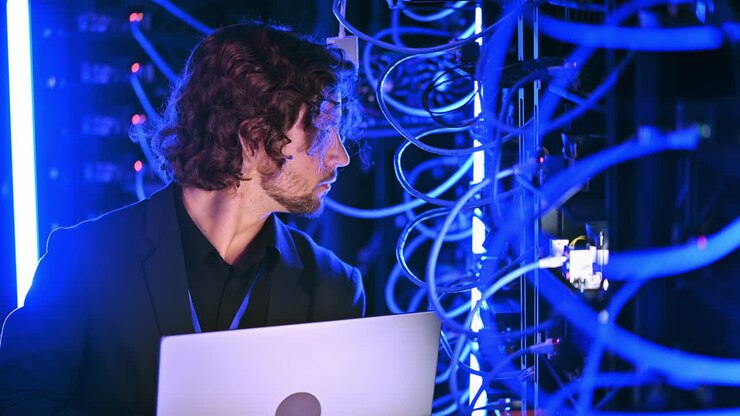 Man analysing data in a server room