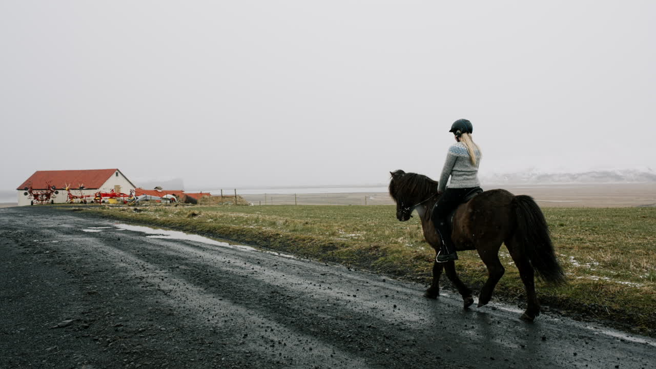 Woman horseback riding in Iceland during winter
