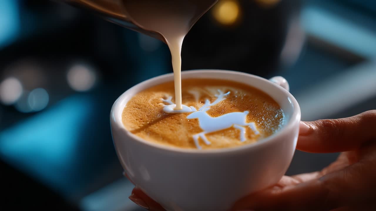A Beautifully Crafted Cup of Coffee Featuring Intricate Latte Art of a Majestic Deer, Showcasing the Artistry and Passion Behind Coffee Preparation, Perfect for Coffee Lovers and Art Enthusiasts Alike