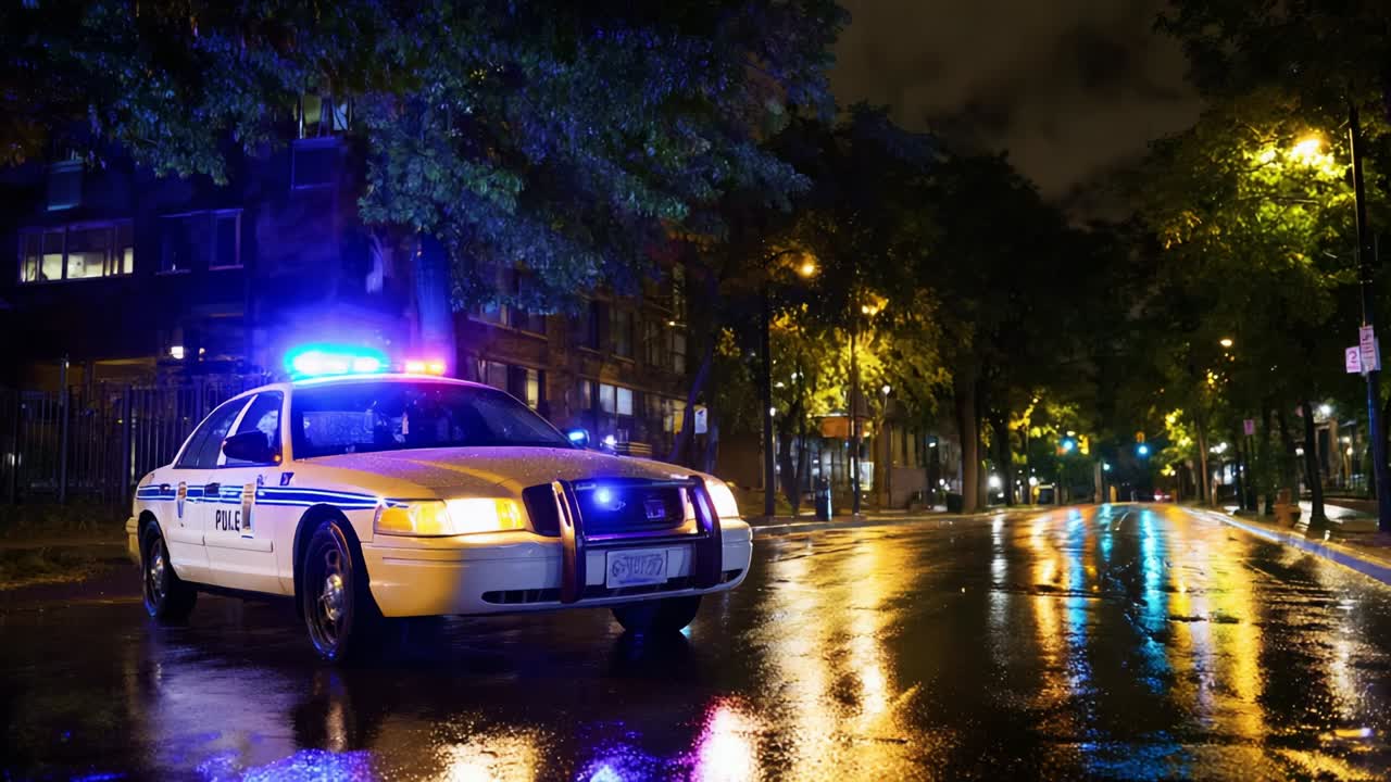 A police car illuminated by vibrant blue and red lights parked on a rain-soaked street at night, showcasing its reflective surface against the backdrop of a dimly lit urban environment