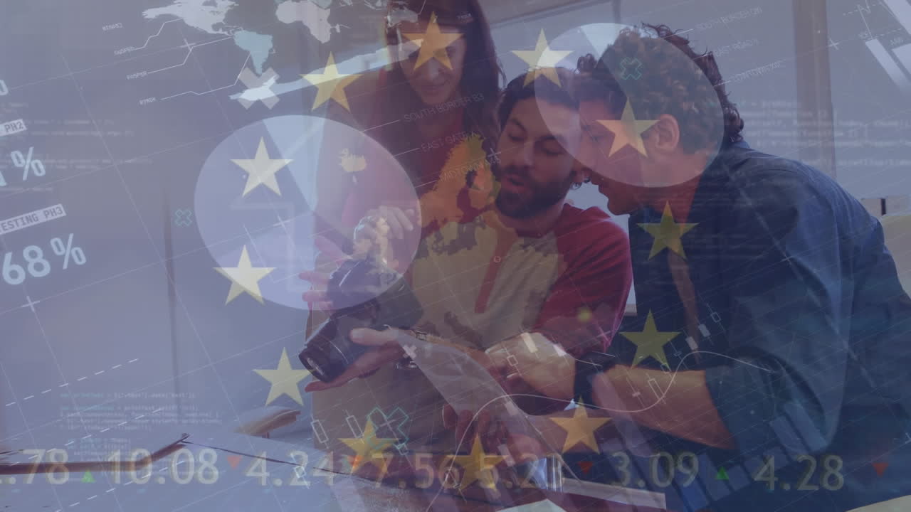 animación de la bandera de la ue, estadísticas y procesamiento de datos financieros sobre las personas de negocios.