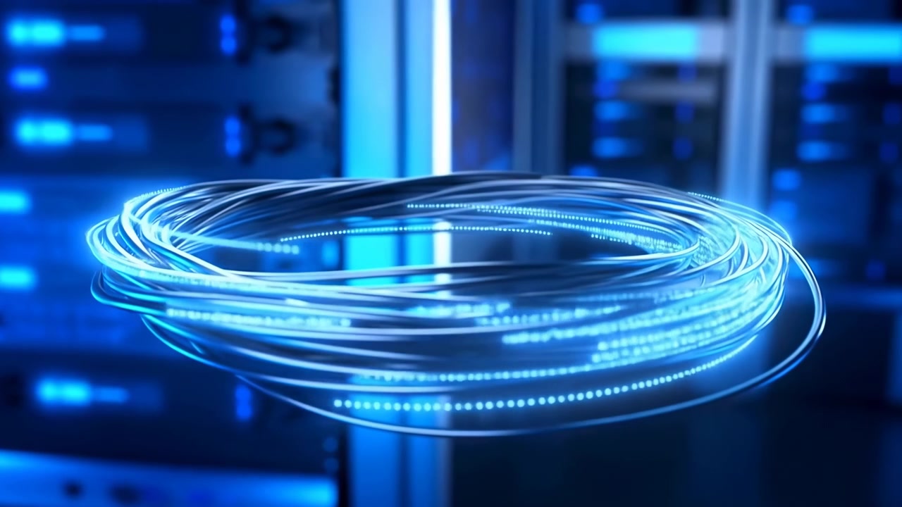 Nærbillede viser et tæt oprullet optisk kabel, der svæver over et serverrack-miljø, med glødende indre spor, kølige blå refleksioner, metalliske løkker og blød bokeh, der skaber en højteknologisk netværksstemning