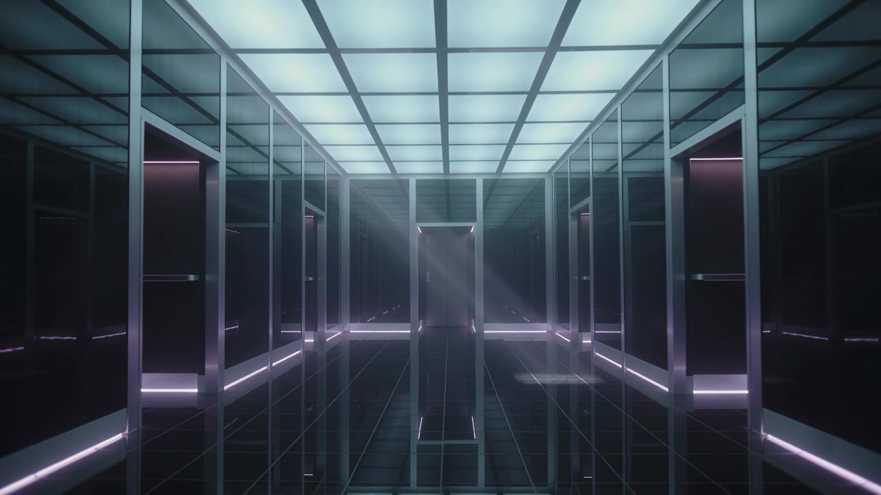 Rising haze making rays in corridor, camera moving forward, central glass panel reflecting frames