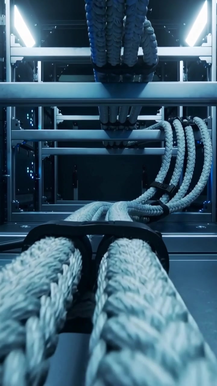 Vertical video: Moving camera showing thick braided cables sliding into rack, securing with clip